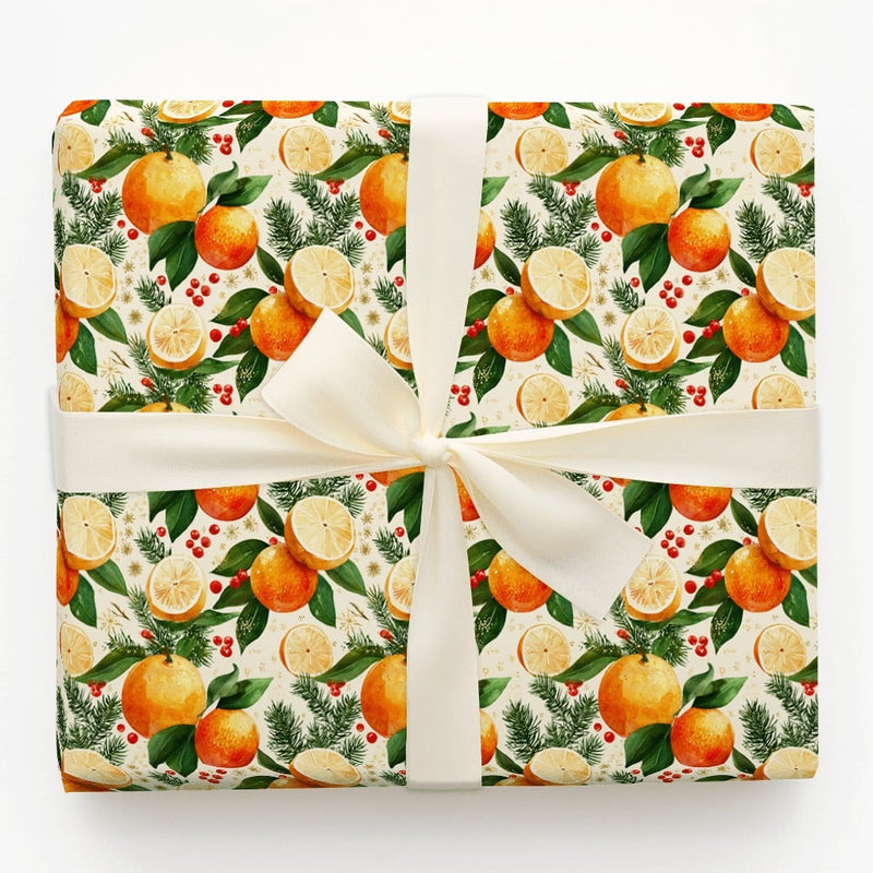 Watercolor Orange Christmas Wrapping Paper, Citrus and Pine Bough Wrapping Paper, Botanical Holiday Wrapping Paper, Winter Berry Gift Wrap