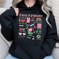 Humorous Eye Doctor Christmas Sweatshirt, 12 Days of Optometry Hoodie, Optician Holiday Pullover, Ophthalmologist Clinic Hooded Sweater Present