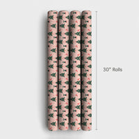 Whimsical Holiday Gift Wrap, Pink Christmas Tree Wrapping Paper, Santa Hat and Bells Xmas Wrapping Paper, Adorable Festive Gift Wrap Roll