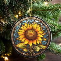 Floral Ceramic Christmas Ornament, Stained Glass Sunflower Ornament, Hanging Botanical Tree Decor, Keepsake Present for Flower Lovers