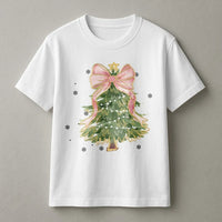 Watercolor Bow Holiday T-Shirt, Coquette Christmas Tree Shirt, Coquette Xmas Graphic Tee, Trendy Christmas Tee, Winter Holiday Present for Her