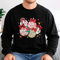 Disco Ball Holiday Graphic Crewneck, Retro Christmas Ornaments Sweatshirt, Coquette Bow Xmas Sweater, Festive Winter Holiday Pullover