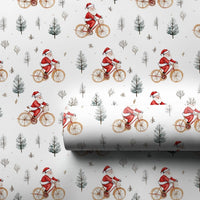 Winter Forest Gift Wrap, Santa on Bicycle Wrapping Paper, Watercolor Christmas Wrapping Paper, Holiday Gift Wrap, Xmas Present Wrap