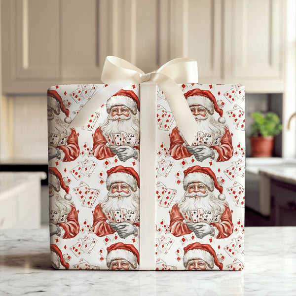 Vintage Christmas Poker Gift Wrap, Santa Playing Poker Wrapping Paper, Humorous Gambler Wrapping Paper, Casino Card Player Ho