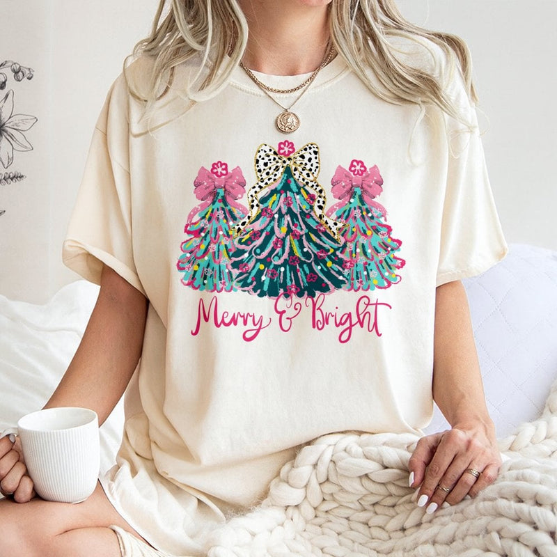 Pink Bow Merry and Bright Shirt, Coquette Christmas Tree T-Shirt, Preppy Christmas Tree Tee, Girly Christmas Graphic Shirt, Holiday Present Tee
