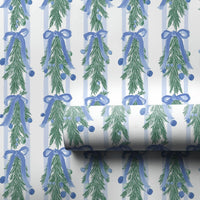 Blue Bows Christmas Gift Wrap, Watercolor Pine Garland Wrapping Paper, Elegant Botanical Holiday Wrapping Paper, Luxury Winter Present Paper