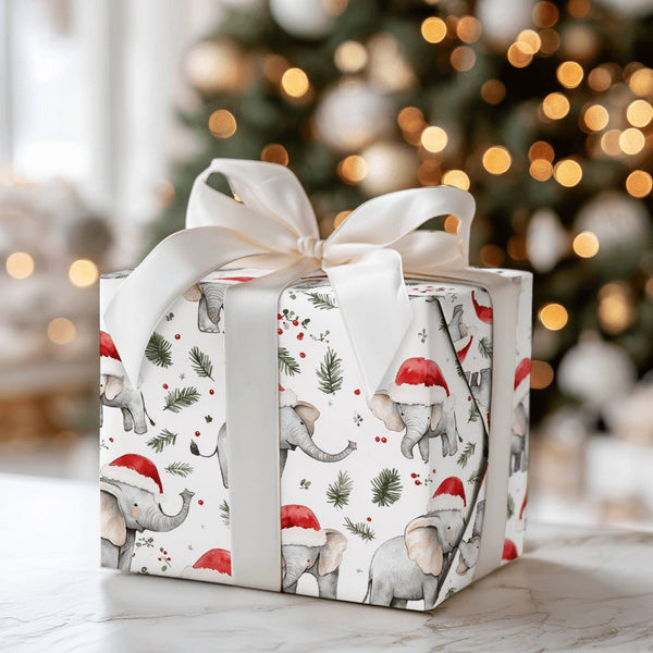 Adorable White Animal Gift Wrap, Santa Hat Elephant Christmas Wrapping Paper, Festive Pine Elephant Wrapping Paper, Holiday G