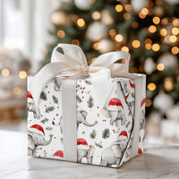 Adorable White Animal Gift Wrap, Santa Hat Elephant Christmas Wrapping Paper, Festive Pine Elephant Wrapping Paper, Holiday Gift Wrapping Paper