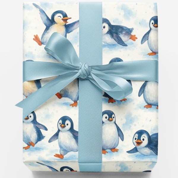 Watercolor Winter Animal Wrapping Paper, Penguin Wrapping Paper, Adorable Penguin Gift Wrap, Holiday Christmas Wrapping Paper