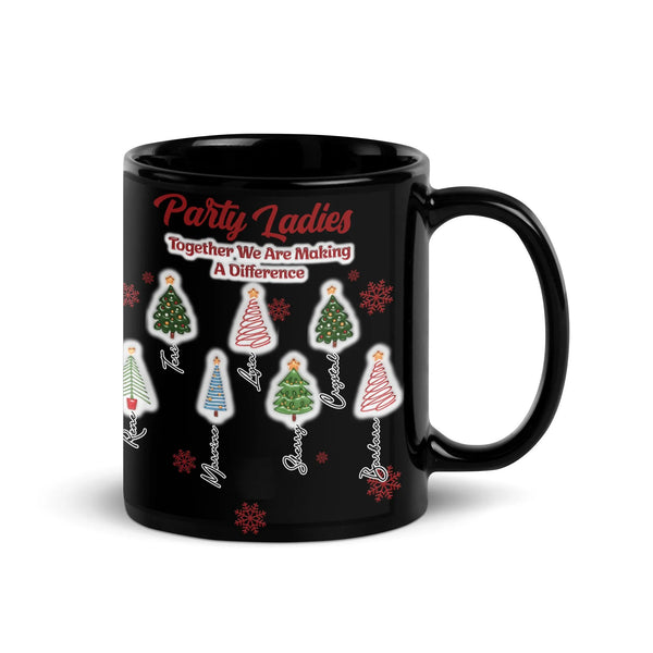 Festive Tree Names Snowflakes Coffee Mug, Party Ladies Christmas Mug, Holiday Girl Squad Ceramic Cup, Xmas Friend Mug Present