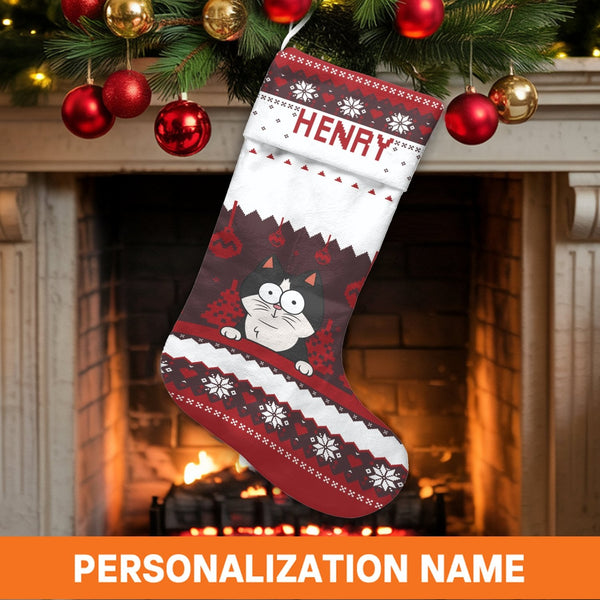 Ugly Sweater Holiday Christmas Stocking, Personalized Black Cat Christmas Stocking, Adorable Cat Lover Christmas Stocking, Cu