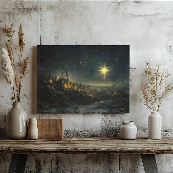 Nativity Cityscape Christmas Canvas Print, Star of Bethlehem Canvas Wall Art, Winter Holy Night Canvas Art