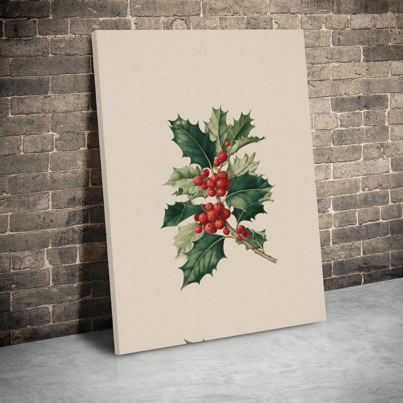Vintage Red Berries Botanical Print, Holly Branch Canvas Wall Art, Winter Botanical Canvas, Holiday Home Decor Canvas, Christmas Art Present