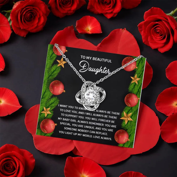 Christmas Rotating Rose Box, Daughter Love Knot Necklace, CZ Crystal Love Knot Pendant Jewelry, Sentimental Present from Mom