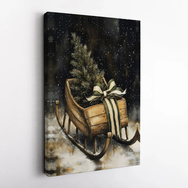 Vintage Wood Sled Canvas Art, Rustic Christmas Sleigh Canvas Print, Holiday Canvas Wall Art, Festive Farmhouse Canvas Decor, Winter Wall Art