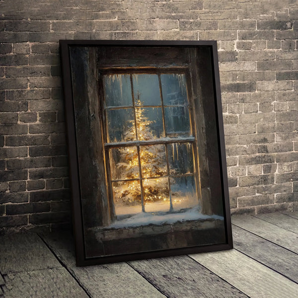 Snowy Window Winter Landscape Canvas Wall Art, Christmas Tree Canvas Print, Comfy Holiday Canvas Decor, Rustic Winter Season 