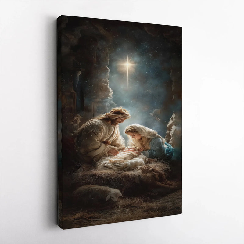 Holy Family Stable Canvas Print, Nativity Scene Canvas Wall Art, Christmas Nativity Religious Canvas Decor, Christian Holiday Canvas Art