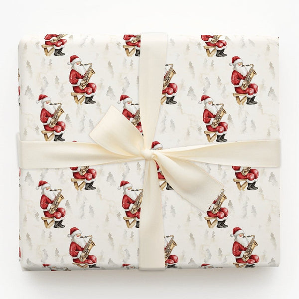 Watercolor Jazz Christmas Gift Wrap, Santa Playing Saxophone Wrapping Paper, Musical Stool Santa Wrapping Paper, Holiday Gift