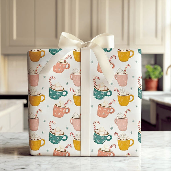 Marshmallow Mug Holiday Gift Wrap, Hot Cocoa Christmas Wrapping Paper, Adorable Candy Cane Wrapping Paper, Comfy Winter Holid