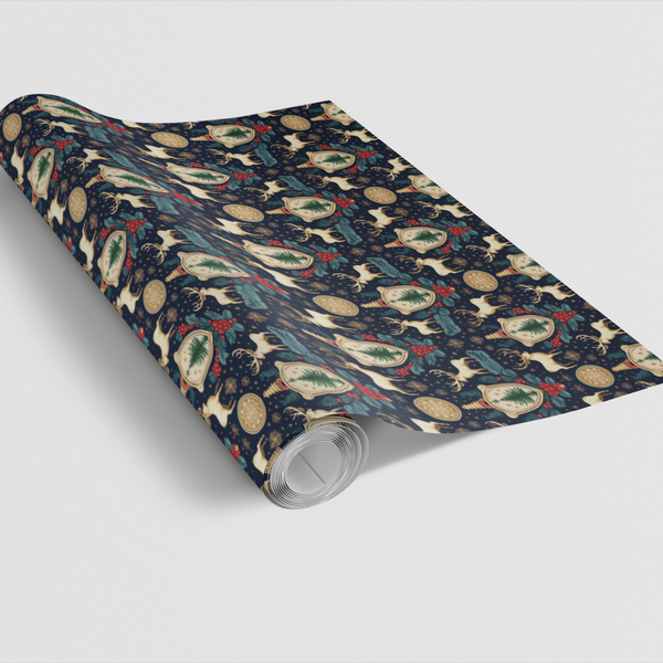 Navy Gold Crest Gift Wrap, Stag Heraldry Christmas Wrapping Paper, Elegant Deer Wrapping Paper, Regal Holiday Gift Wrap