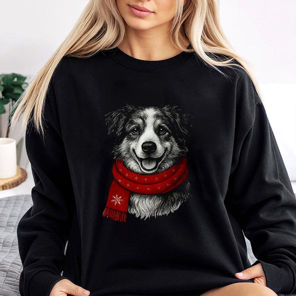 Adorable Dog in Red Scarf Sweatshirt, Border Collie Christmas Sweatshirt, Retro Collie Holiday Crewneck Sweatshirt, Pet Lover