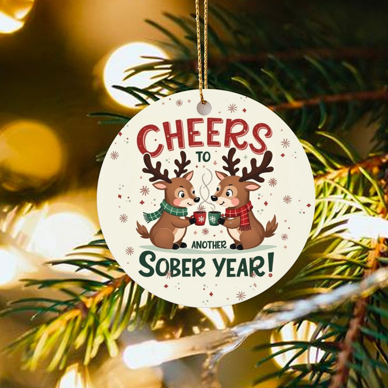 Reindeer Recovery Christmas Ornament, Cheers to Another Sober Year Ceramic Ornament, Sobriety Milestone Keepsake Ornament for Friend