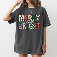 Festive Pattern Holiday T-Shirt, Merry and Bright Christmas T-Shirt, Adorable Winter Christmas T-Shirt, Merry Xmas Tee, Holiday Present for Women