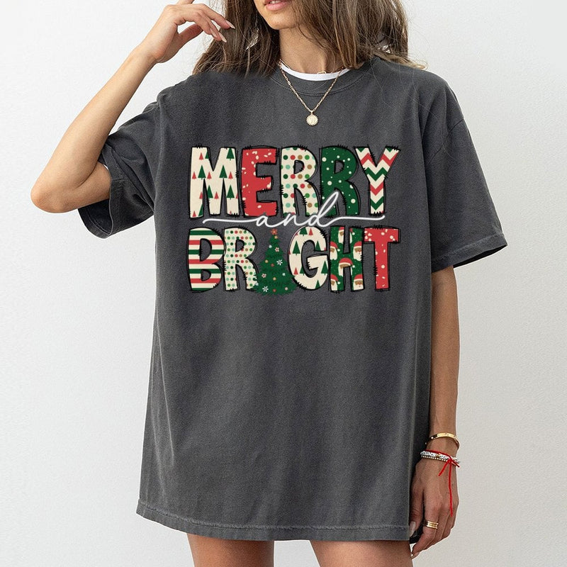 Festive Pattern Holiday T-Shirt, Merry and Bright Christmas T-Shirt, Adorable Winter Christmas T-Shirt, Merry Xmas Tee, Holiday Present for Women