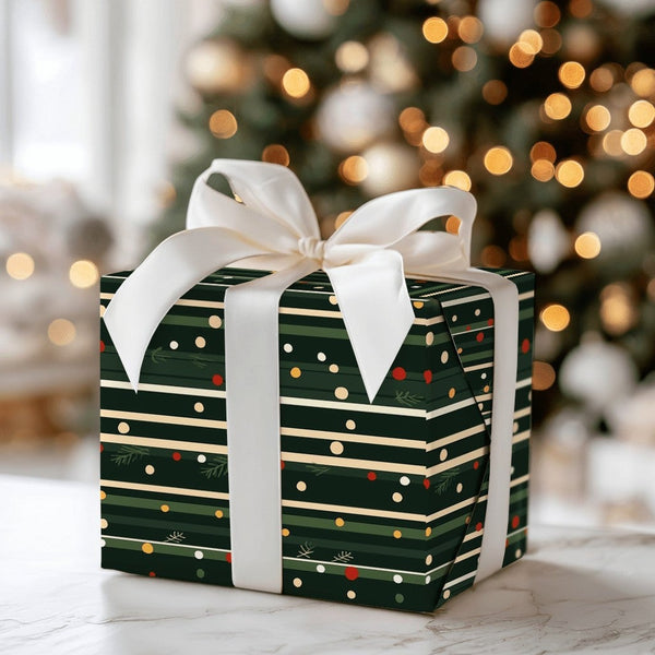 Polka Dot Stripe Gift Wrap, Pine Sprig Christmas Wrapping Paper, Dark Green Festive Wrapping Paper Roll, Elegant Winter Holid