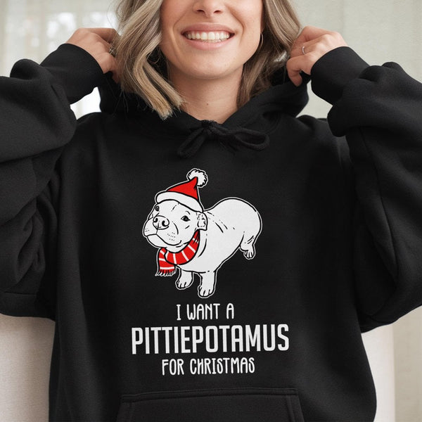 Adorable Pitbull Santa Hat Hooded Sweatshirt, I Want A Pittiepotamus for Christmas Hoodie, Humorous Dog Lover Xmas Pullover, 