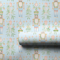 Christmas Soldier Holiday Gift Wrap, Watercolor Nutcracker Wrapping Paper, Pastel Floral Wrapping Paper, Light Blue Festive Gift Wrap Roll