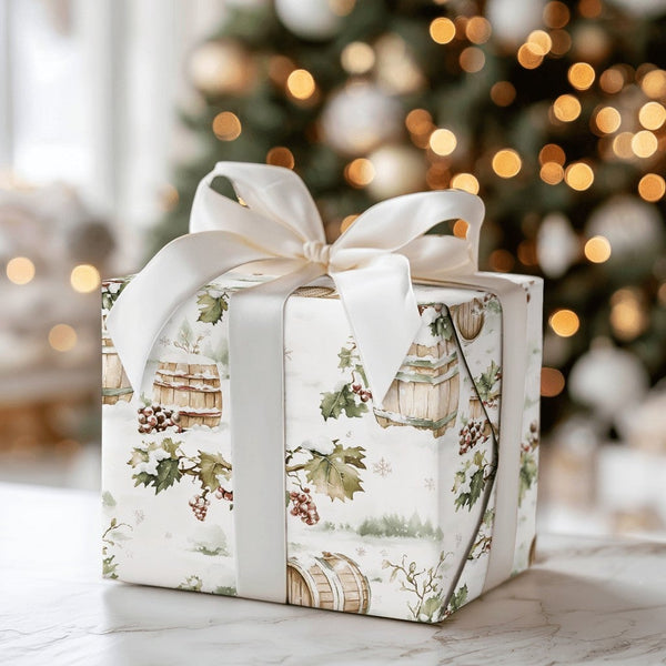Rustic Wine Barrel Gift Wrap, Winter Vineyard Christmas Wrapping Paper, Snowy Grapevine Wrapping Paper, Holiday Wine Lover Gi