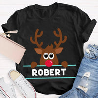 Custom Name Reindeer Holiday Graphic Tee, Personalized Christmas Elk Bow Shirt, Adorable Christmas Elk T-Shirt, Festive Winter Holiday Present