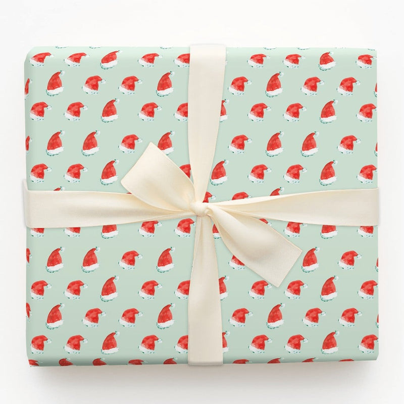 Mint Green Christmas Gift Wrap, Watercolor Santa Hat Wrapping Paper, Adorable Red Santa Hat Wrapping Paper, Secret Santa Holiday Gift Wrap Roll