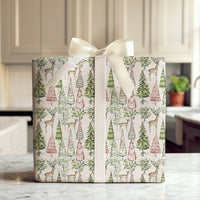 Watercolor Pine Tree Gift Wrap, Woodland Reindeer Wrapping Paper, Vintage Christmas Gift Wrapping Paper, Rustic Holiday Paper Roll