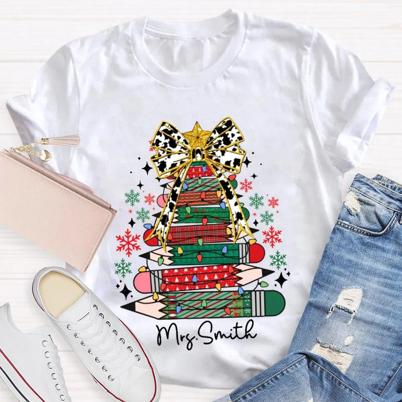 Bow and Colored Pencil Holiday Graphic Tee, Personalized Christmas Tree T-Shirt, Custom Teacher Christmas Shirt, Adorable School Holiday Tee