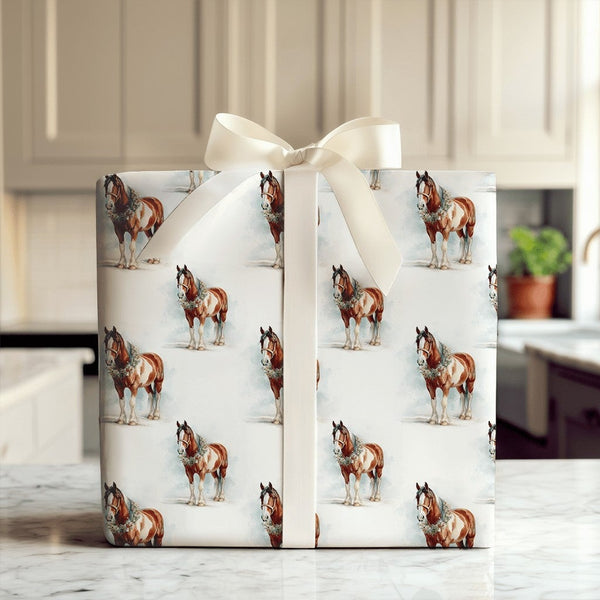 Equestrian Holiday Gift Wrap, Clydesdale Horse Christmas Wrapping Paper, Watercolor Draft Horse Wrapping Paper, Winter Farm P