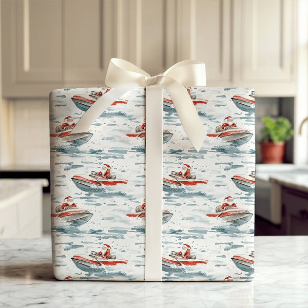 Coastal Watercolor Holiday Gift Wrap, Jet Ski Santa Christmas Wrapping Paper, Ocean Santa Wrapping Paper, Beach Lover Christm