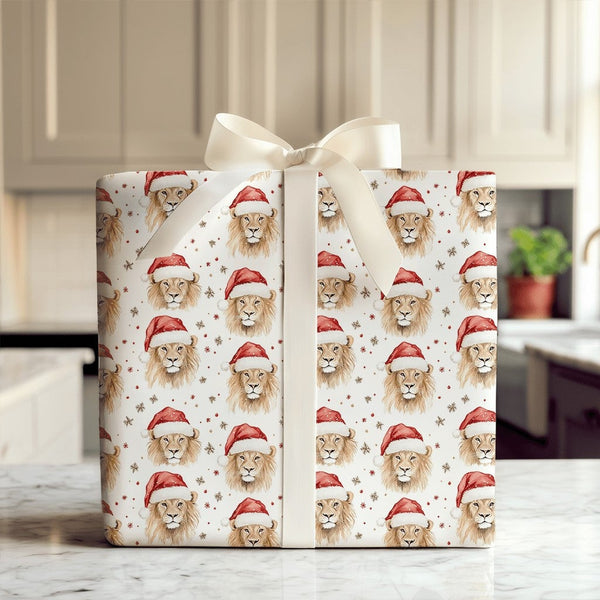 Watercolor Wild Animal Gift Wrap Paper, Lion with Santa Hat Christmas Wrapping Paper, Safari Holiday Wrapping Paper, Xmas Gif