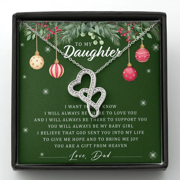 14K White Gold Cubic Zirconia Necklace, To My Daughter Double Heart Necklace, Christmas Pendant Necklace, Emotional Daughter 