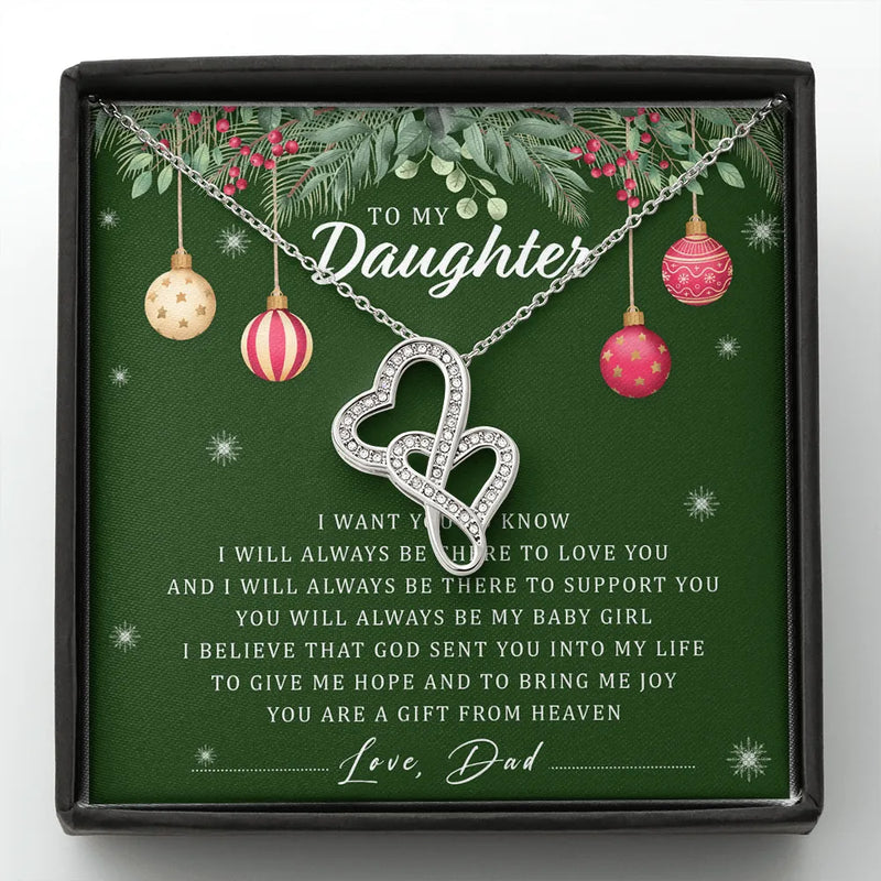 14K White Gold Cubic Zirconia Necklace, To My Daughter Double Heart Necklace, Christmas Pendant Necklace, Emotional Daughter Present from Dad