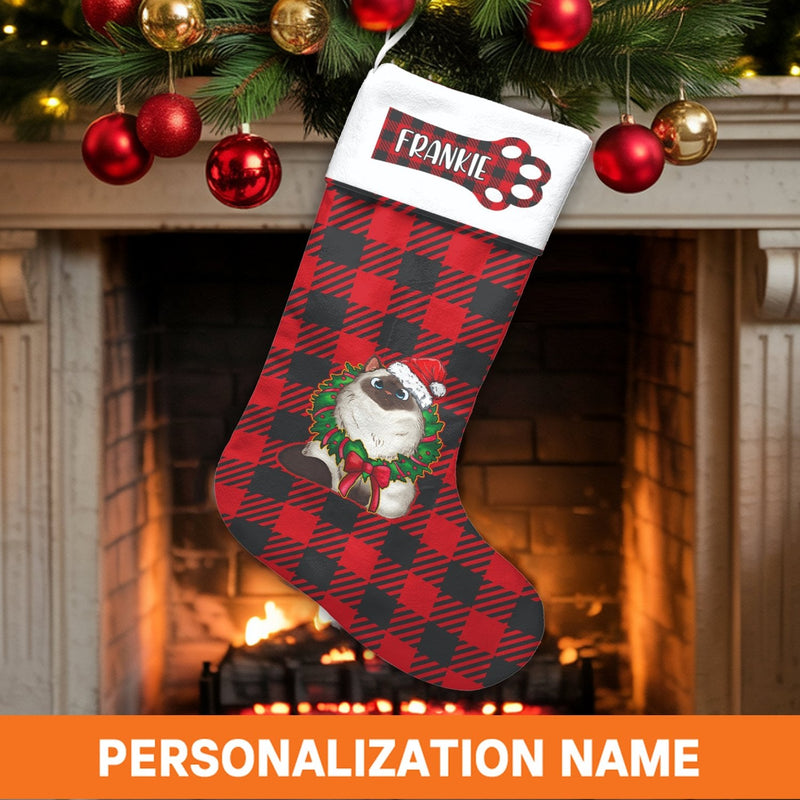 Red Buffalo Plaid Cat Stocking, Personalized Siamese Cat Christmas Stocking, Custom Pet Holiday Stocking, Velboa Mantle Decor, Cat Mom Present