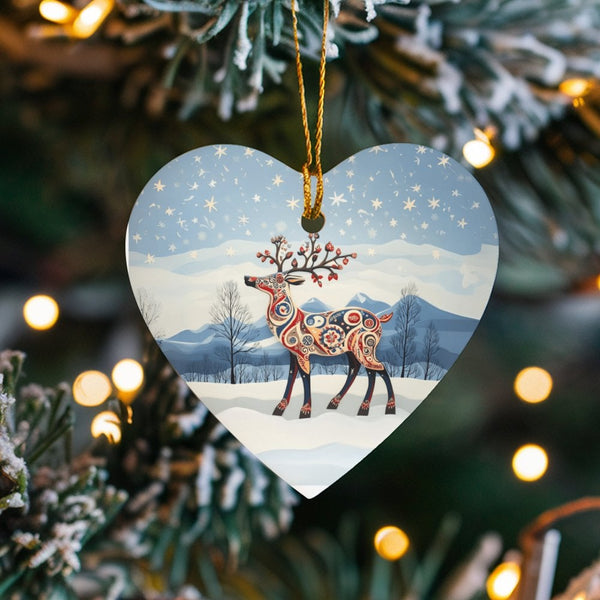 Snowy Winter Ceramic Christmas Ornament, Folk Art Reindeer Heart Ornament, Rustic Woodland Tree Decor, Animal Lover Holiday K