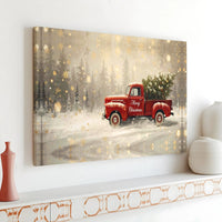 Snowy Winter Forest Canvas Wall Art, Merry Christmas Red Truck Canvas Print, Holiday Farmhouse Canvas Artwork, Festive Xmas Wall Decor