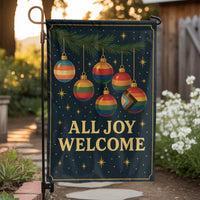 All Joy Welcome Holiday Yard Flag, LGBTQ Pride Garden Flag, Rainbow Christmas Ornaments Outdoor Flag, Inclusive Holiday Garden Decor
