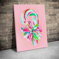 Painterly Candy Cane Wall Art, Candy Cane Christmas Canvas, Pink Holiday Canvas Print, Festive Candy Cane Bow Art, Christmas Wall Decor