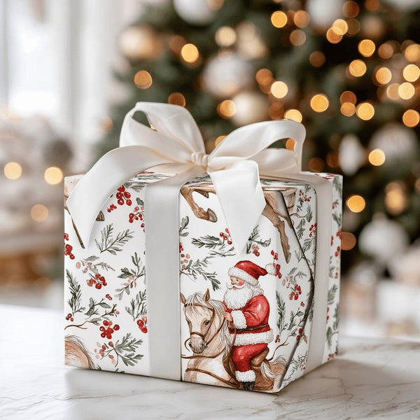 Equestrian Christmas Gift Wrap, Santa Riding Horse Wrapping Paper, Watercolor Rustic Holiday Wrapping Paper, Country Horse Lo