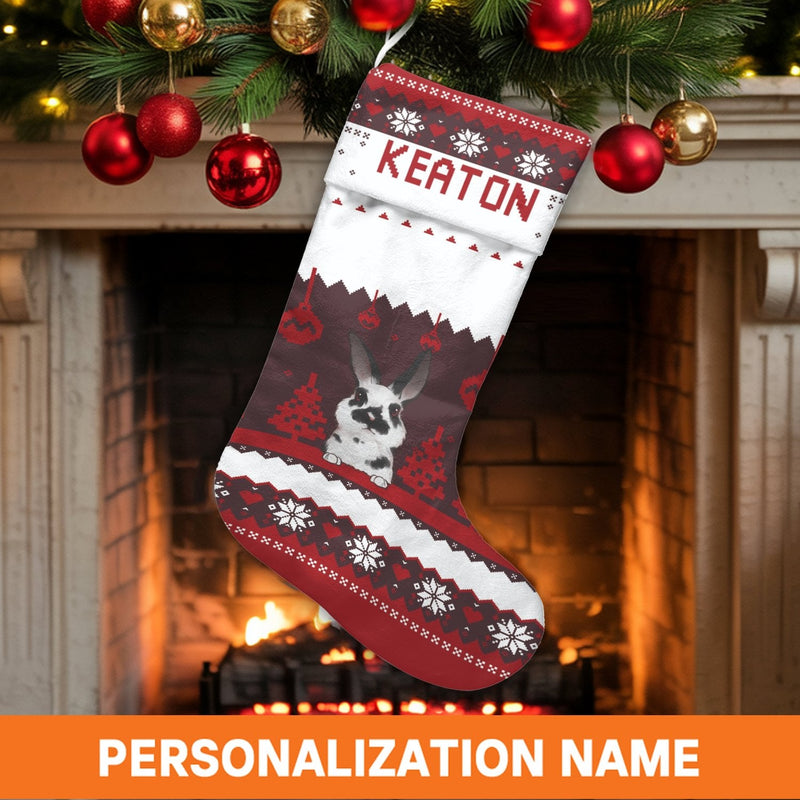 Custom Bunny Holiday Stocking, Personalized Rabbit Christmas Stocking, Velboa Pet Lover Stocking, Animal Festive Decor, Adorable Family Present