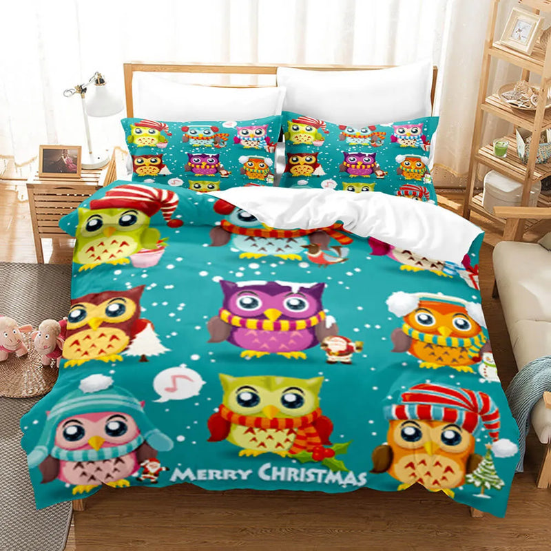 Festive Winter Bird Bedding Set, Christmas Owl Duvet Cover Set, 3D Holiday Quilt Cover, Merry Xmas Comforter Cover, Kids Room Present