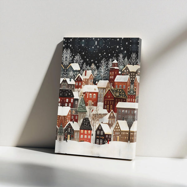 Comfy Festive Winter Holiday Town Wall Decor, Snowy Christmas Village Wonderland Canvas Art, Seasonal Scenic Town, Christmas 